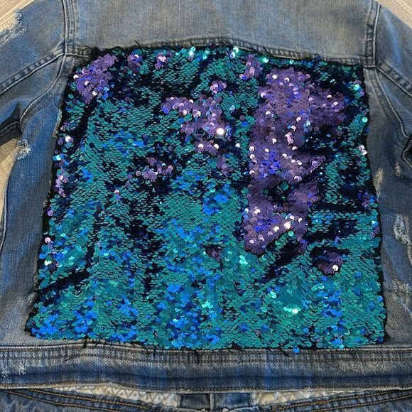 Tractr Girls Sequins Back Patch Denim Distressed Jacket - Size L - Picture 2 of 8